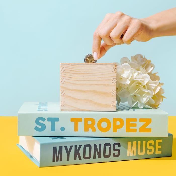 Tirelire en Bois de Pin Brut - CREATIVE DECO - Carré - Petite Monnaie - 9,5 x 9,5 x 9 cm