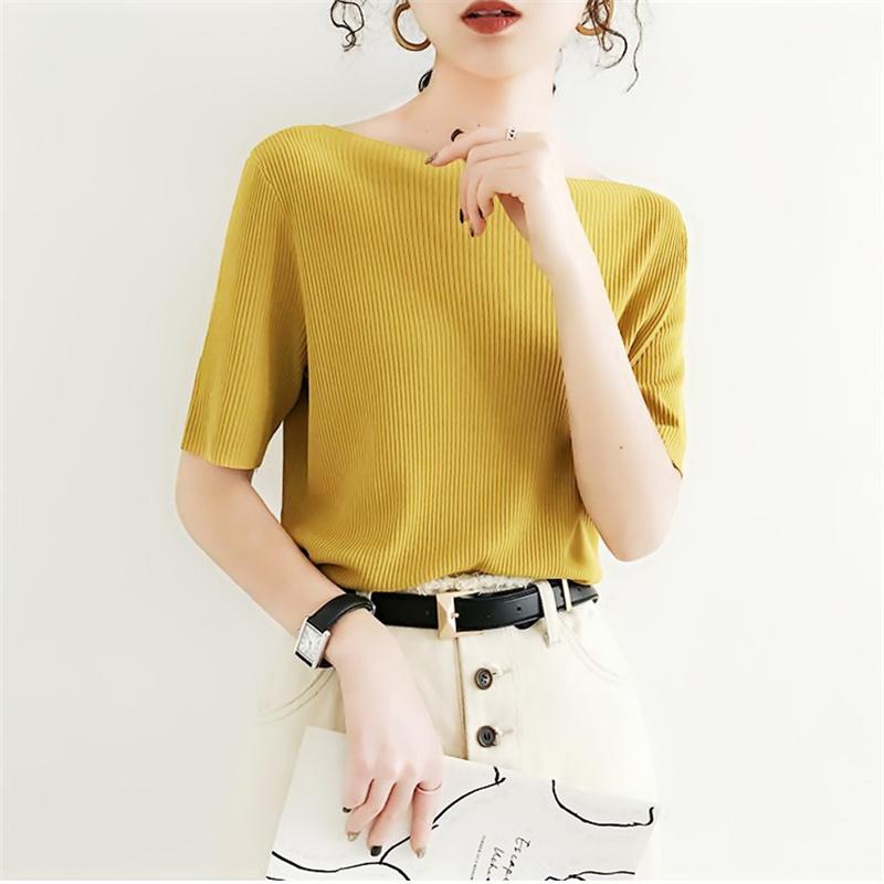 2022 летняя новая однотонная футболка с короткими рукавами, женская футболка из ледяного шелка, свободная корейская вязаная эластичная нижняя рубашка, верхняя одежда