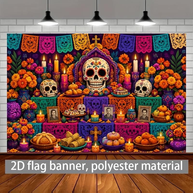 2D planar flag 2D plane - 1 piece of 2D flag - Halloween-themed banner background fabric with painted sugar skulls