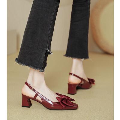 Бантик однословная пряжка на высоком каблуке толстый каблук новая сумка голова сандалии квадратный носок пустые одинарные туфли