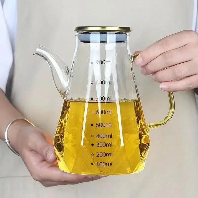 Glass Oil Pots 500/700/900ml Leak Proof Diamond Oil Bottle with Scale/Lid Kitchen Soy Sauce Vinegar Condiment Storage Container