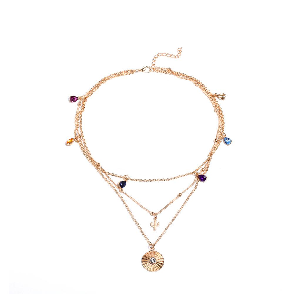 Women's Necklace Retro Style Disc 3-layer Geometric Cactus Colored Gemstone Necklace