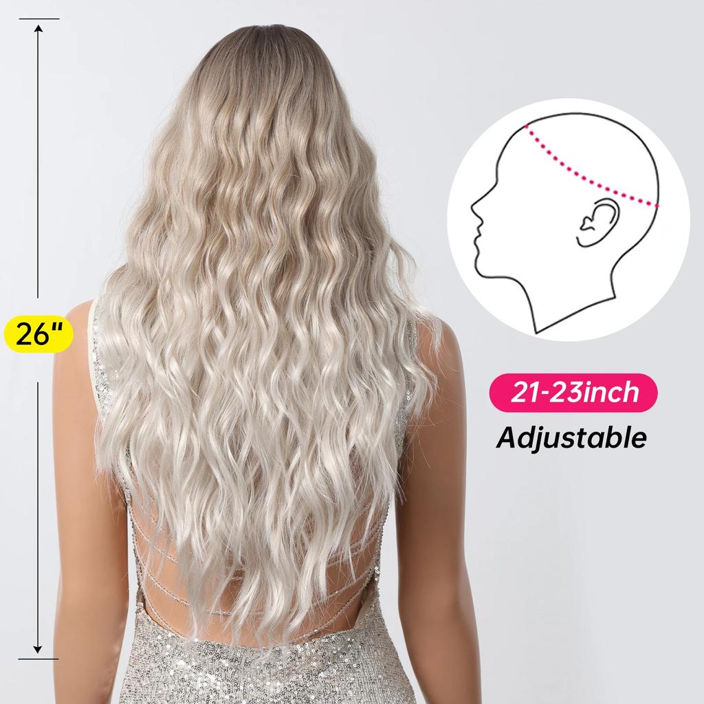 Стиль Постепенное изменение Платиновая челка из восьми символов Подстриженное лицо Длинные вьющиеся волосы Натуральный ленивый модный парик Полная прическа