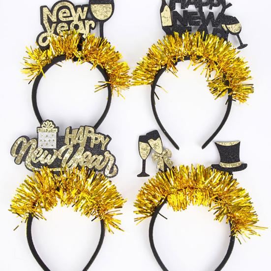 2026 Новогодняя повязка на голову с логотипом в виде цифр, черно-золотой дизайн с пайетками, украшенная лентами, обруч для волос, реквизит для командного единства