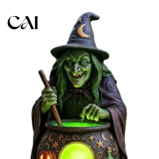 Whimsical Witch Art Solar Cauldron Garden Stake Light, Waterproof Resin Glowing LED Decor Figurine Statue, Spooky Outdoor Pathway Lamp for Patio