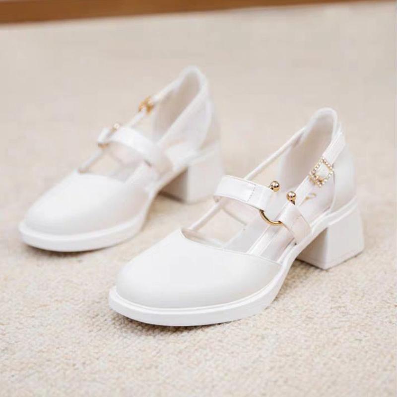Thick with Summer Leather Shoes Female Sweet Temperament High with Round Head Sandals Female