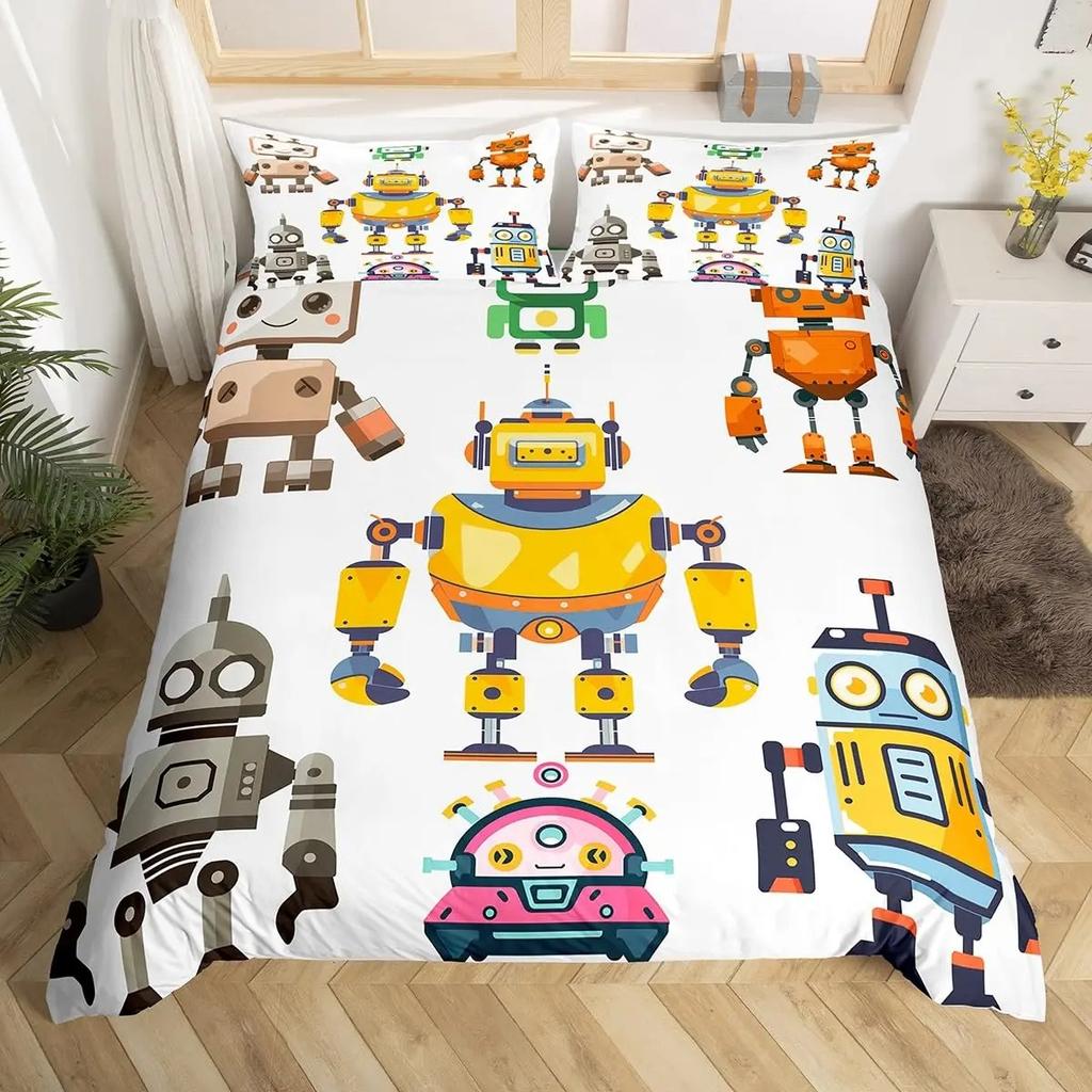 Boys Cartoon Robot Rocket Duvet Cover King Queen Size,Kids Spaceship Bedding Set 3Pcs Starry Galaxy Universe Planet Quilt Cover