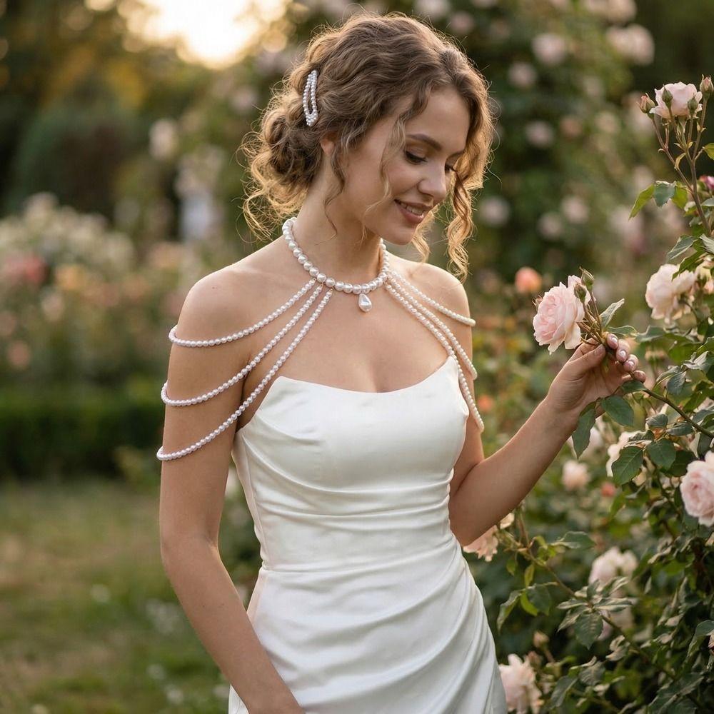 Multi Layer Imitation Pearl Shoulder Chain Beads Bridal Tassel Necklace Banquet Parties