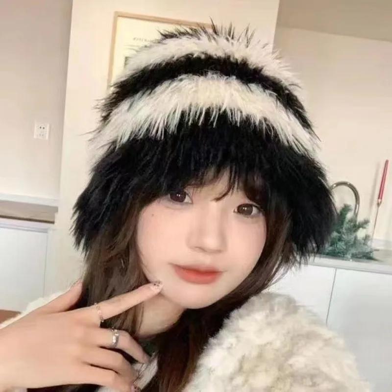 Дизайнерские женские шапки из искусственной норки в стиле Майяра, модные осенне-зимние теплые вязаные шапки в полоску, подходящие по цвету