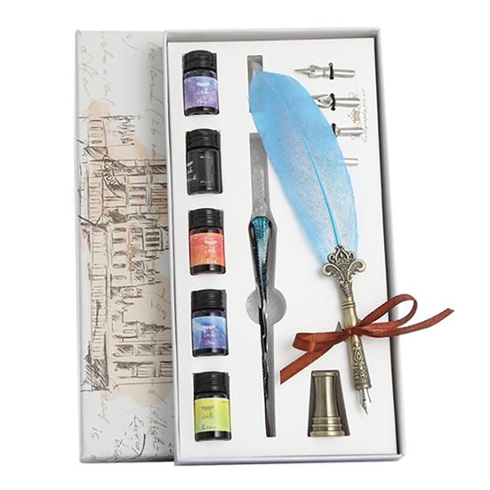 Glass Dip Signature Fountain Pen Faux Crystal Feather Design Writing Decor Set