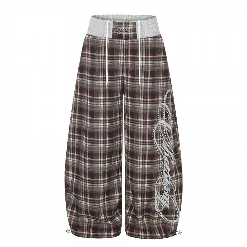 American Vintage Street Style Wide Leg Pants Couple Retro Plaid Letter Design Fall Casual Trousers