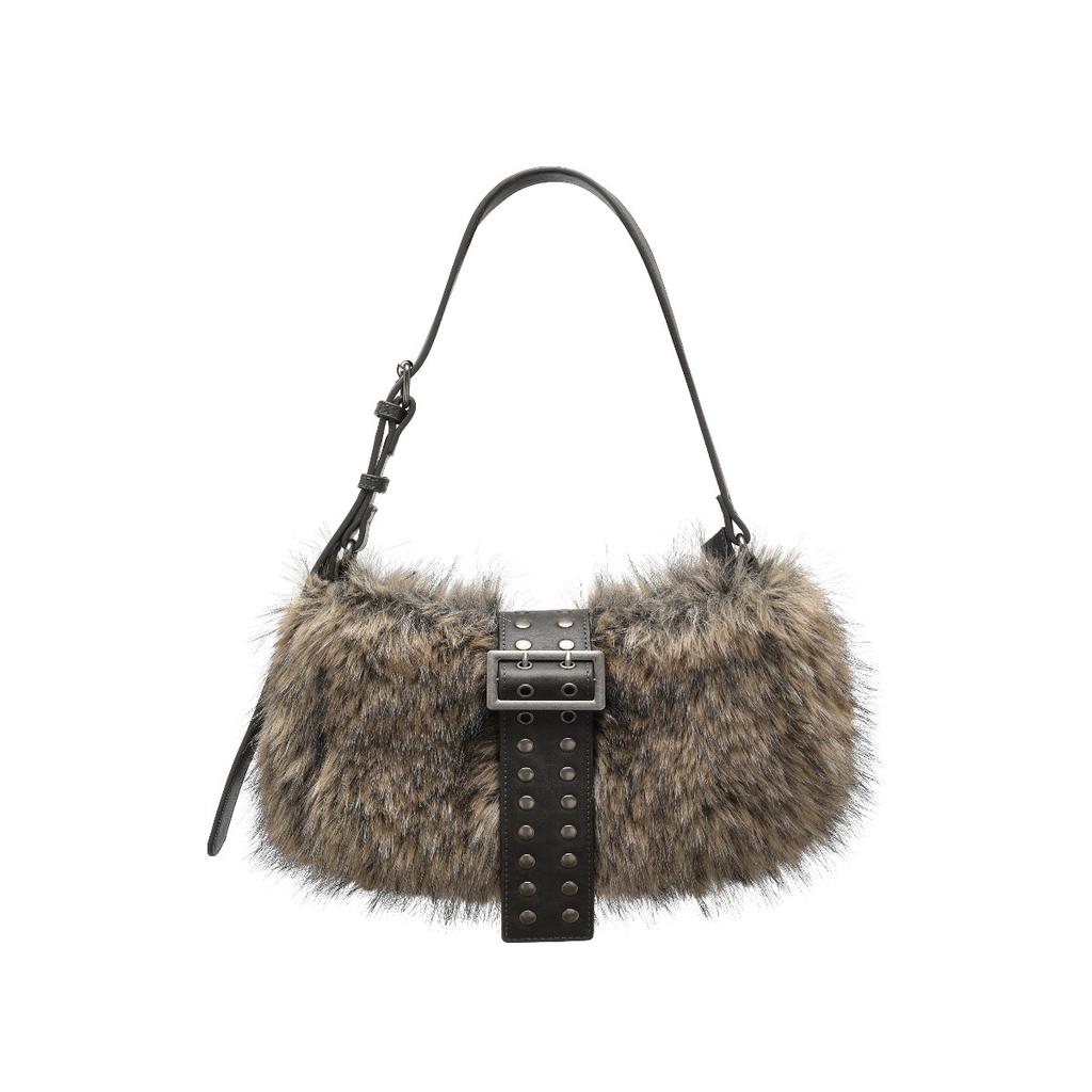Winter Fluffy Plush Shoulder Bag Punk Studded Underarm Bags for Women Designer Handbags Rivet Faux Fur Bags Women's Bag Chic