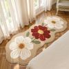 Soft Fluffy Runner Mat Polyester Floral Mat with Red & White Flowers, Beige Bedside Hallway Mat for Bedroom Living Room Home Decor