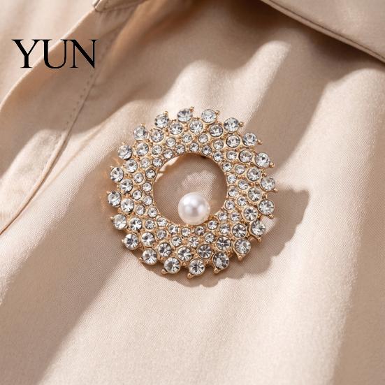 Men Women Clothing Jewelry Hollow Rhinestone Ring Brooch Pin, Bling Circle Lapel Pin Decorative with Faux Pearl, Accessories Wedding Bridal
