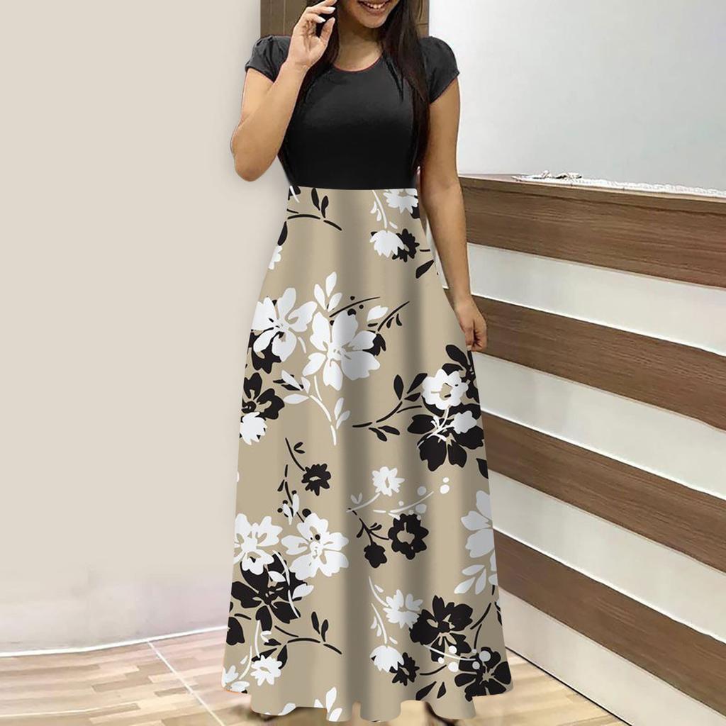Women's Fashion Casual Loose Printed Round Neck Short Sleeve Long Dresses