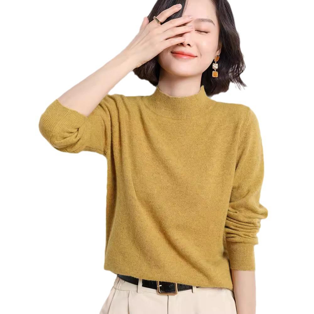 2024 Новый женский корейский стиль с полувысоким воротником и длинными рукавами, однотонный свитер, пуловер