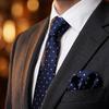 [S&W SHLAX&WING] Набор: Галстук в горошек и нагрудный платок, Темно-синий с белыми точками, Деловой формальный, Очень длинный (160см)