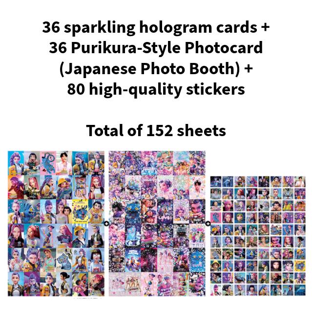 K-Pop Demon Hunters Набор фотокарточек (36 голографических карточек + 36 фотокарточек в стиле пурикура 36 + 80 наклеек) – 152 листа (Нет дубликатов)