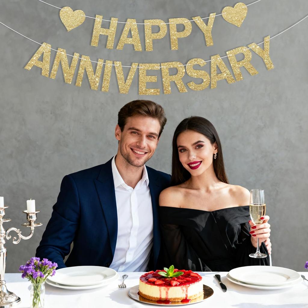 Happy Anniversary Glitter Banner - No DIY - Champagne Gold Happy Anniversary Decorations Banner for Romantic Wedding Birthday Party Decorations