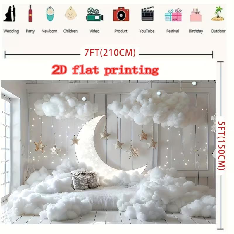 2D Flat Printing Neutral Moon & Cloud Backdrop with Twinkling Stars Baby Gender Reveal Background
