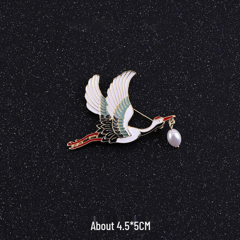 Women's Chinese Style Crane Enamel Brooch Pin for Hanfu Clothing