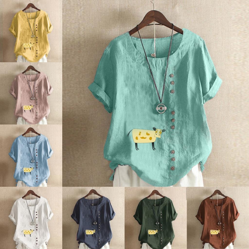 Women's New Fashion Linen Shirt Round Neck Short Sleeve Cattle Printed T-shirt Summer Ladies Casual Plus Size Blouse Tops
