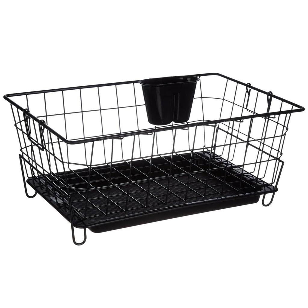 Люксовая черная стальная сушилка для посуды из нержавеющей стали с поддоном для слива, съемная подставка для столовых приборов | Подставка-корзина для сушки тарелок (черный), 55.3 x 37 x 23 см