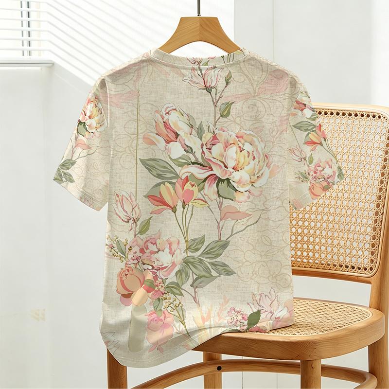 Women's Ins Style Short Sleeve Crewneck Top Fresh Floral Print,Soft Fabric,Loose Fit,Casual Everyday Wear,Stylish & Comfortable