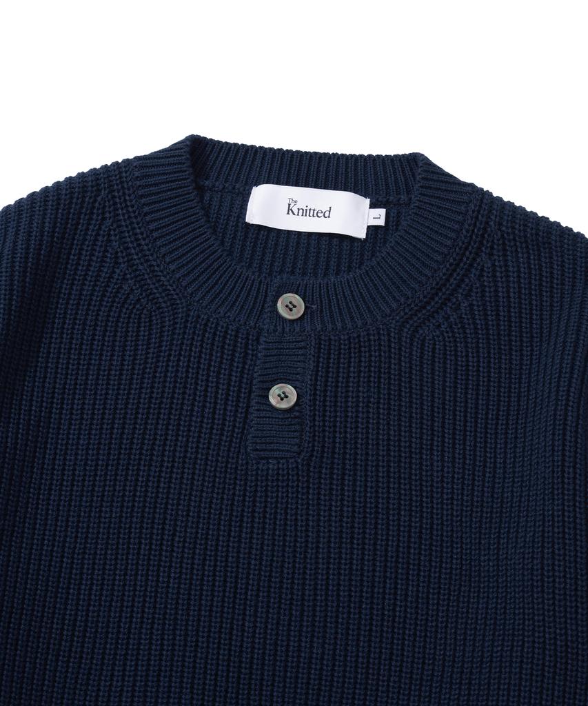 KNITTED Cotton Henley Neck Waffle Knit Navy