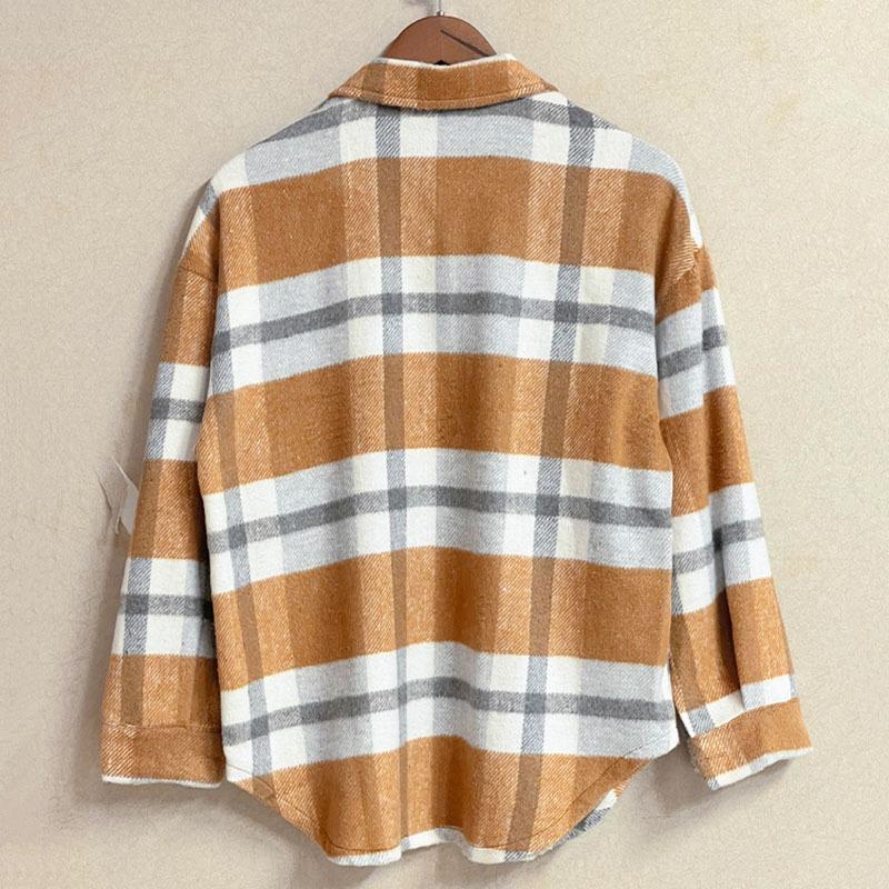 Женская повседневная клетчатая куртка с длинным рукавом и лацканами, осенняя утолщенная фланелевая рубашка с пуговицами, свободное теплое шерстяное пальто с двумя карманами