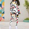 Women Plus Size Abstract Printed Round Neck Long Sleeve Top Fitted Pants Two Piece Set