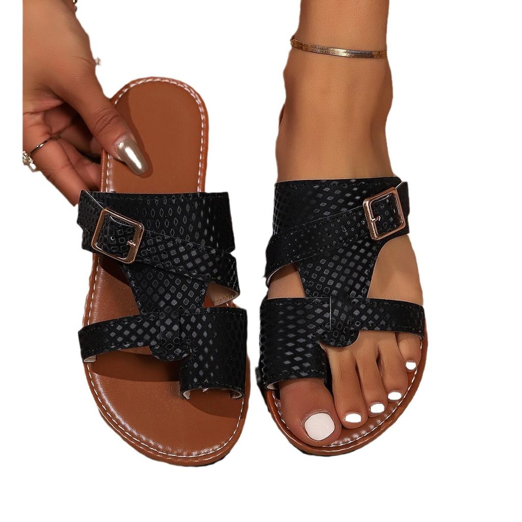 European and American Large Size Belt Buckle Slippers Women's Summer Wear One Word Roman Shoes Beach Cool Slippers Casual Shoes