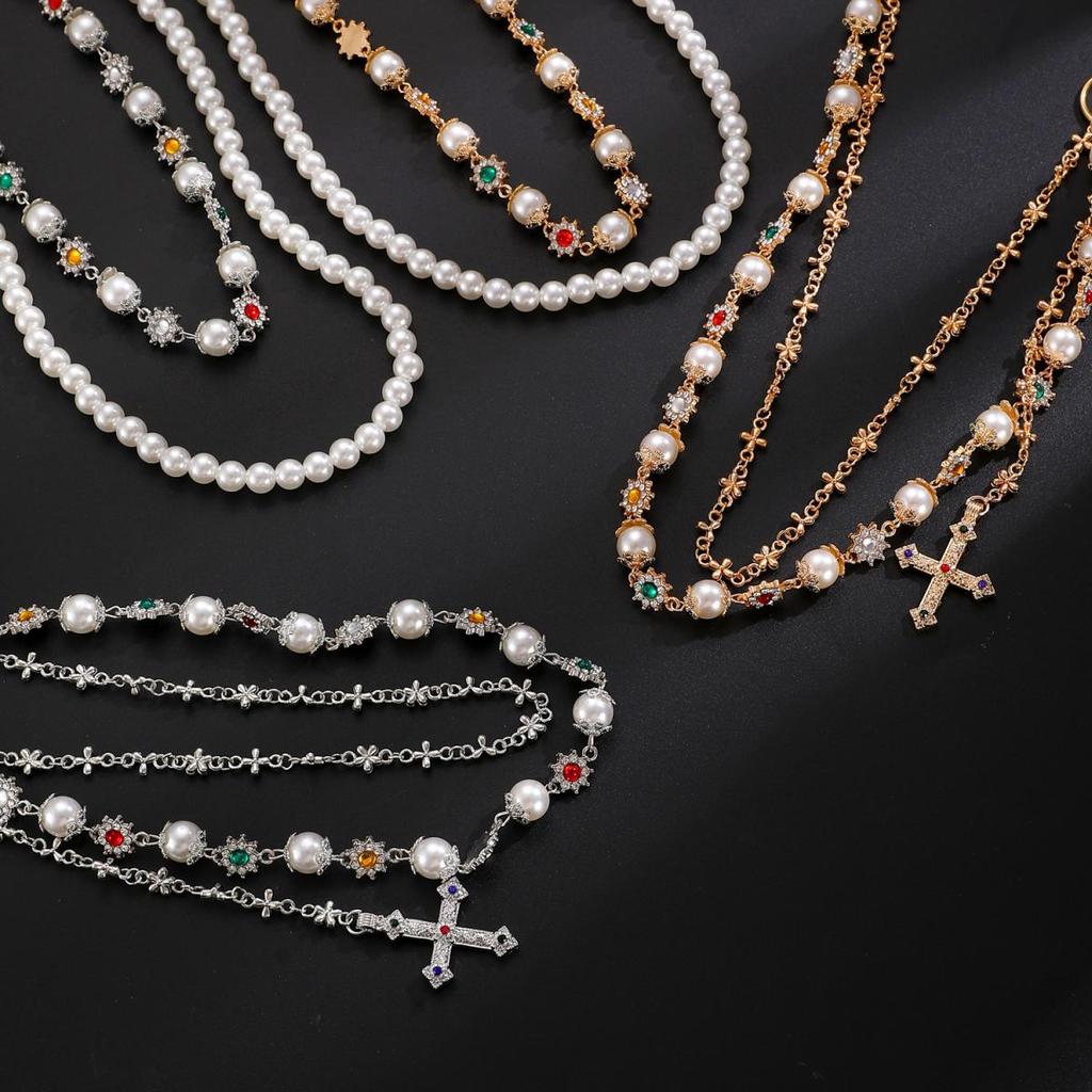 Punk Colorful Zircon Cross Pendant Pants Chain for Women Men Gothic Multi Layer Imitation Pearl Chain Waist Chain Jeans Jewelry