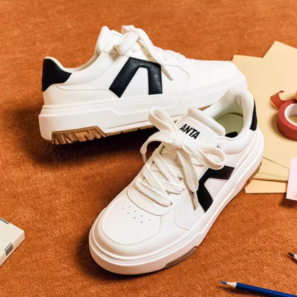 Anta A Path Synthetic Leather Casual Versatile Wear Resistant Height Increasing Low Top Skate Shoes Women Sneakers White Black 122448023-2