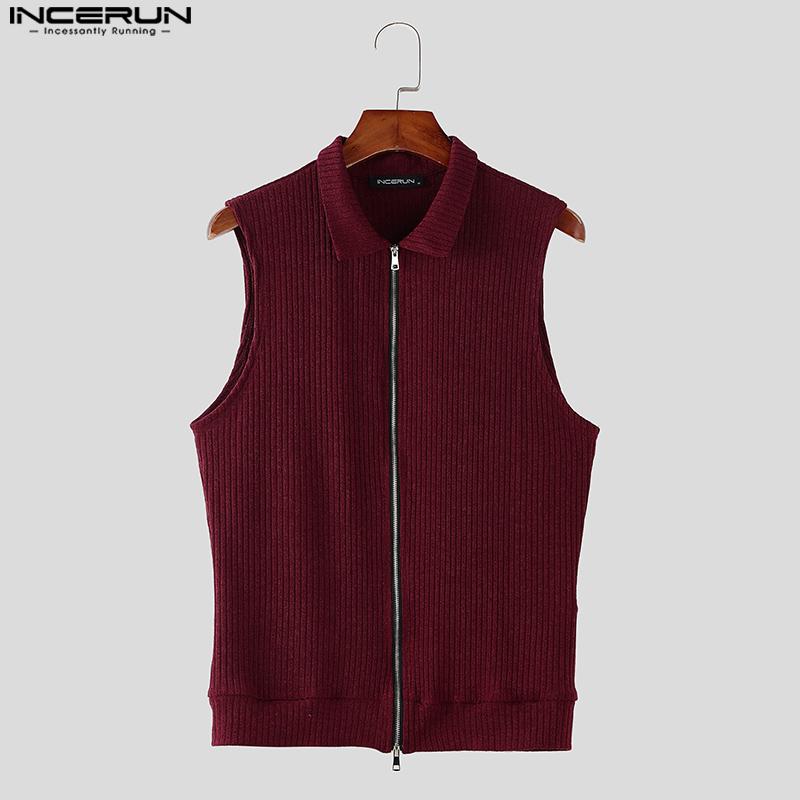 INCERUN Мужские летние топы с отворотом на молнии без рукавов в рубчик