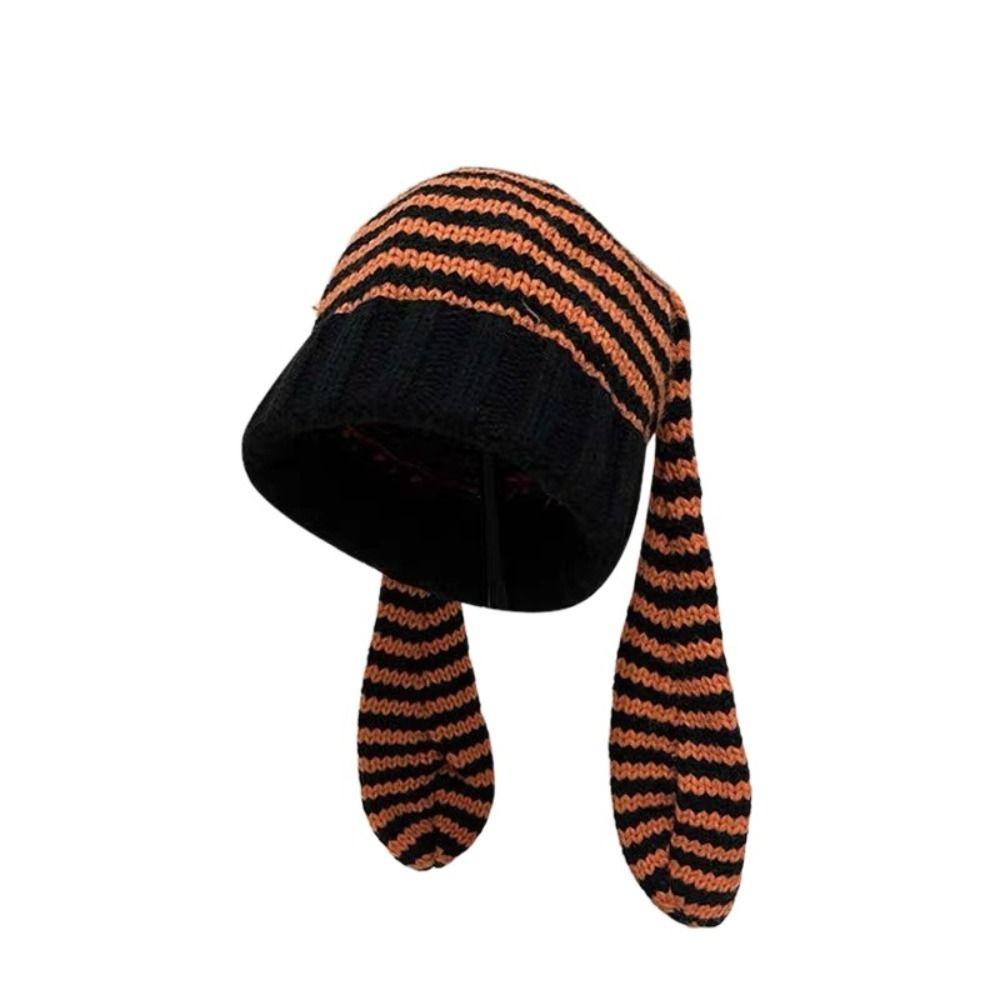 Harajuku Women Beanie Hat Y2K Stripe Skull Cap Casual Rabbit Ears Hat Outdoor