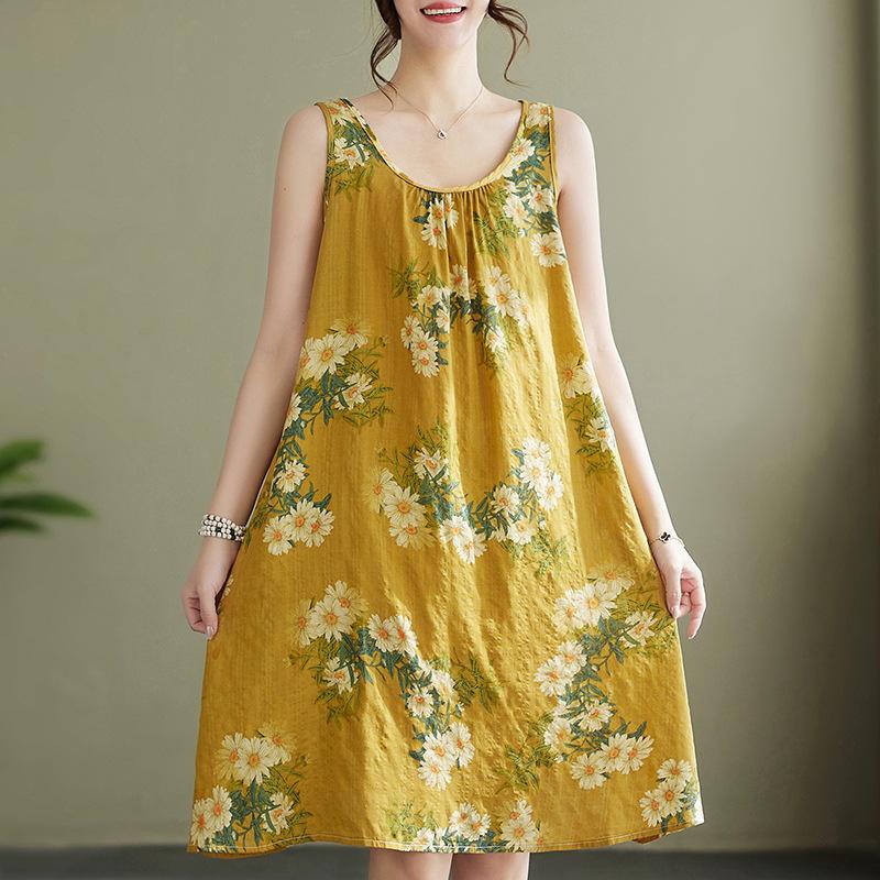 Летнее платье Plus Artistic Loose без рукавов с круглым вырезом и принтом на подтяжках А-силуэта для женщин