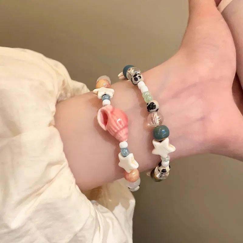 New Cute Geometry Star Conch Ceramic Glass Acrylic Beaded Bracelet Girl Kpop Aesthetic Charm Jewelry Y2K Marine Accessories