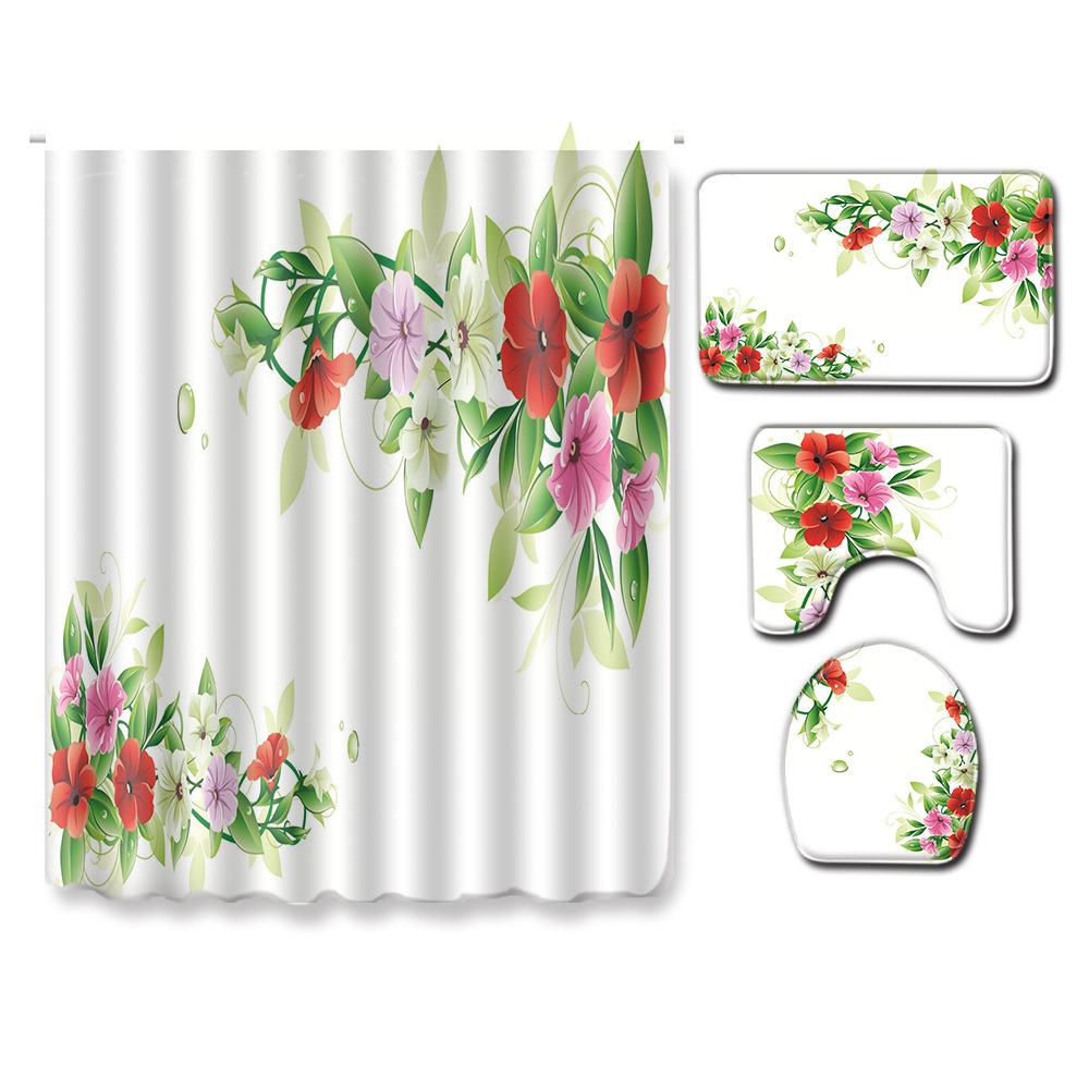 Painted Flowers Bathroom Shower Curtain Floor Mat Toilet Cover Foot Mat Four-Piece Pattern Size Fixed Zhi