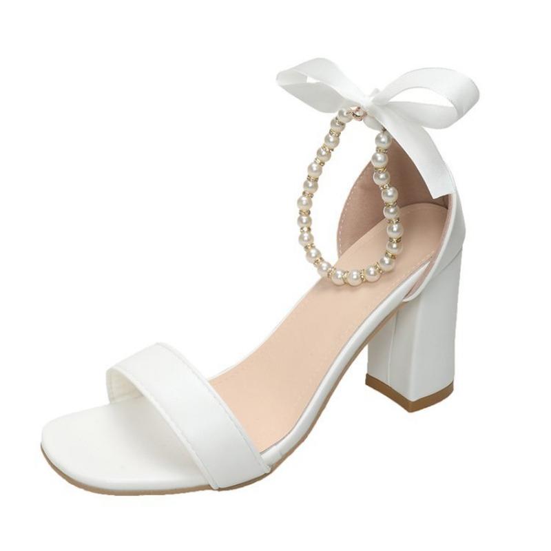 Босоножки на высоком каблуке женские летние жемчужные бантовые пряжки однострочные универсальные босоножки