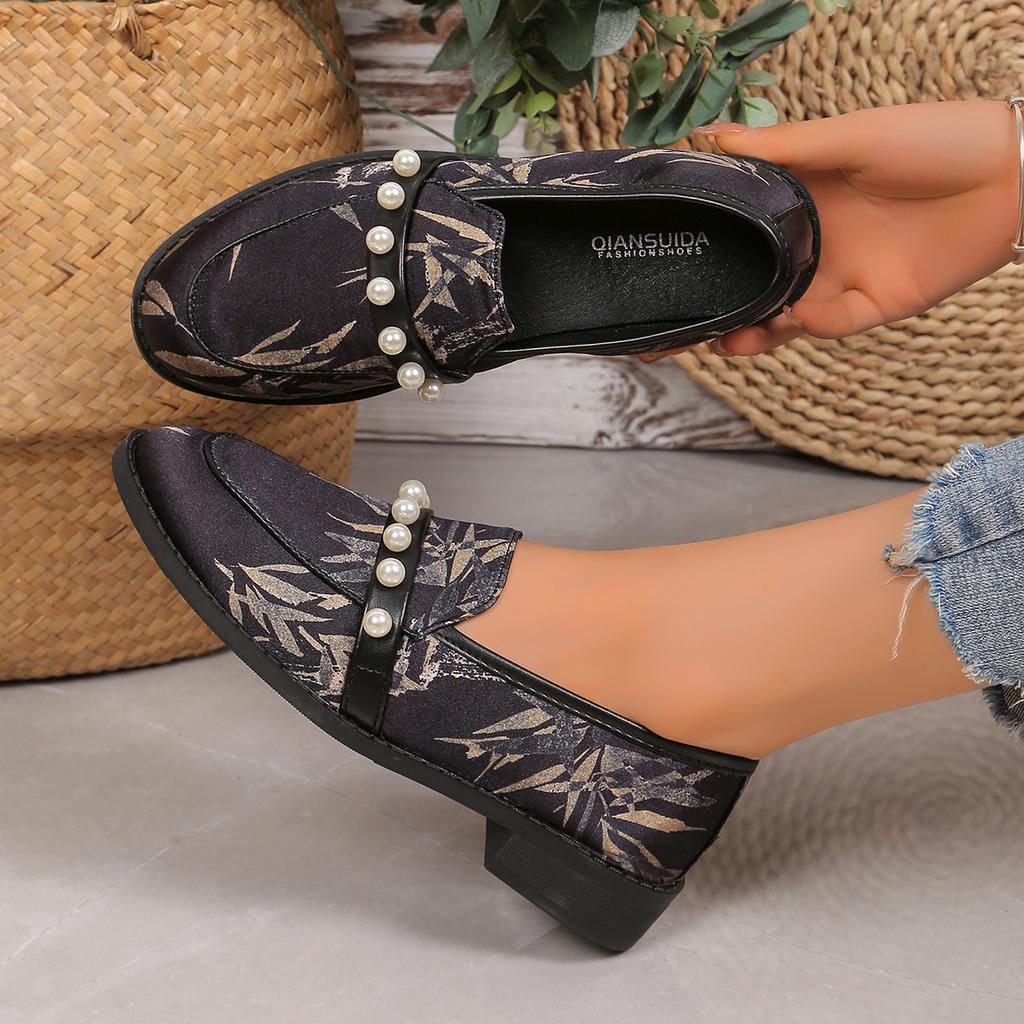 fashion Autumn New Women's Pumps Round Toe Low Heel Shoes for Women Slip on Anti-slip Loafers Outdoor Office Lady Pearl Platform Shoes