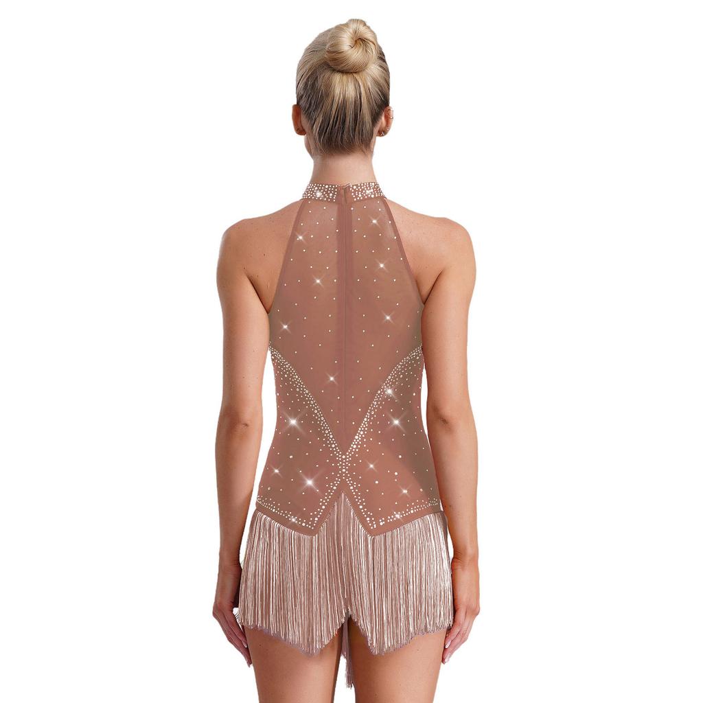 Женский трико для латиноамериканских танцев без рукавов, с прозрачными сетчатыми вставками, расшитый блестящими стразами и бахромой, костюм для танго