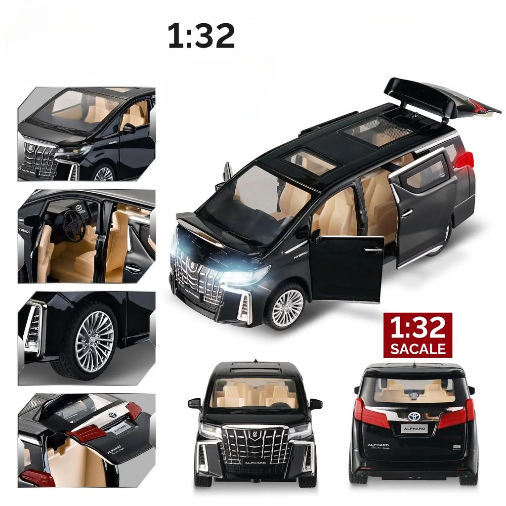 1/32 Toyota Alphard MPV Diecast Toy Car Model Vehicle Miniature Pull Back Sound & Light Doors Openable Collection Gift Boy A938
