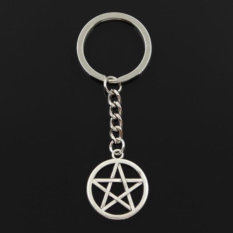 Fashion 30mm Key Ring Metal Key Chain Keychain Jewelry Antique Silver Color Plated Star Pentagram 24x24mm Pendant