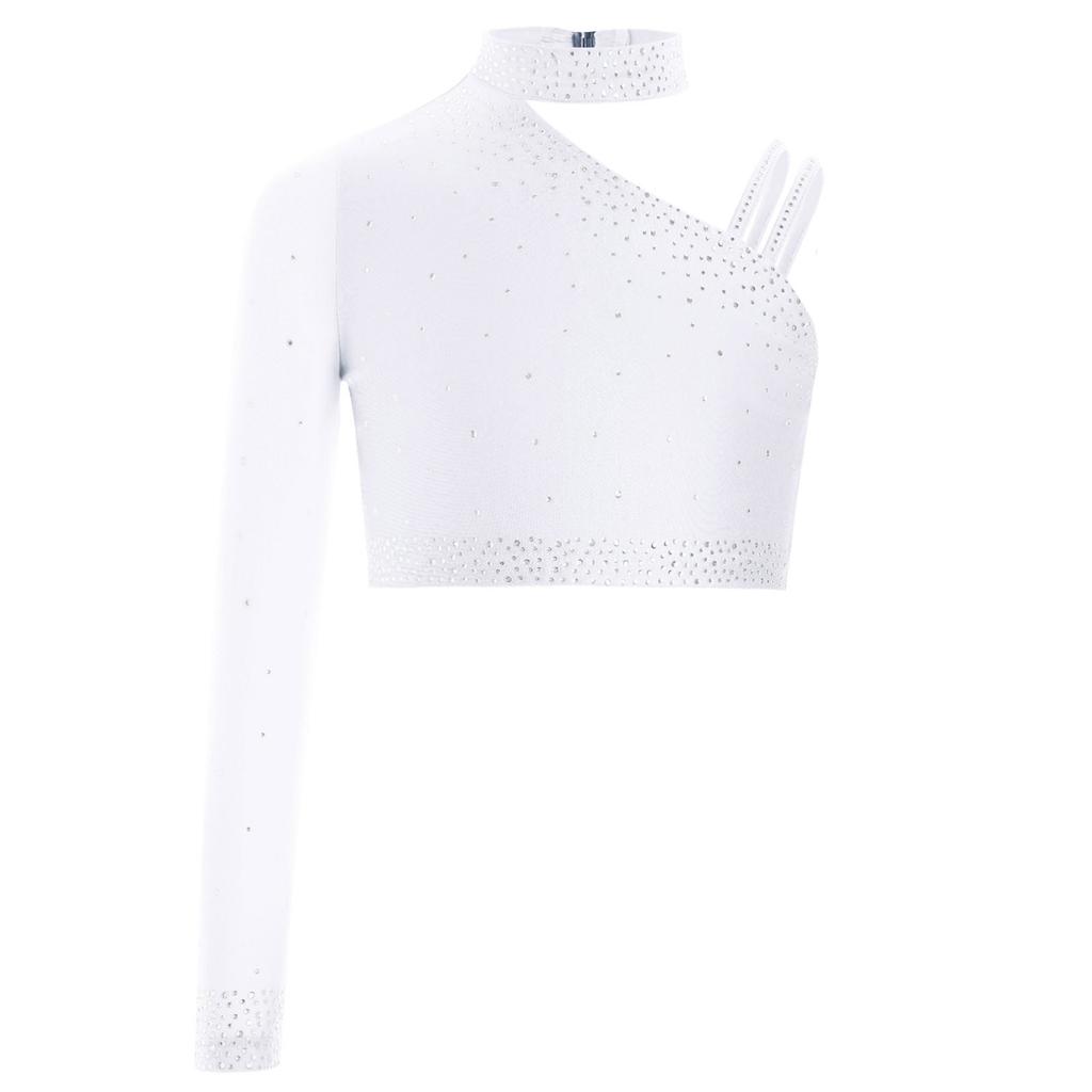 Girls Irregular Shoulder Sparkly Rhinestones Crop Top Dance Performance Stage Costume