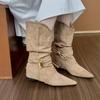 Внутренние завышенные остроносые ретро ботильоны для девушек женские 2025 осень/зима одинарные ботинки коричневые майяр западные ковбойские ботинки.