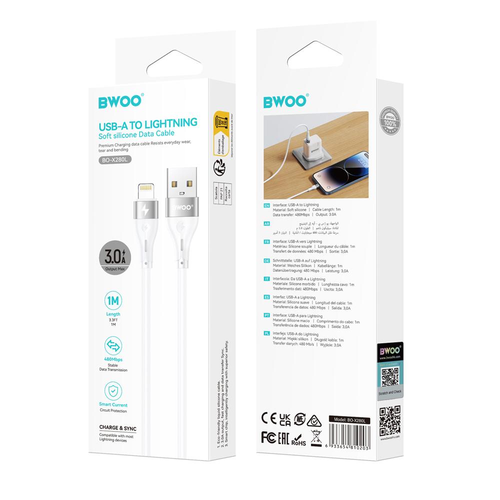 Bwoo Kabel Usb - Lightning 1M 3A Minimalist Silicone Biały X280L