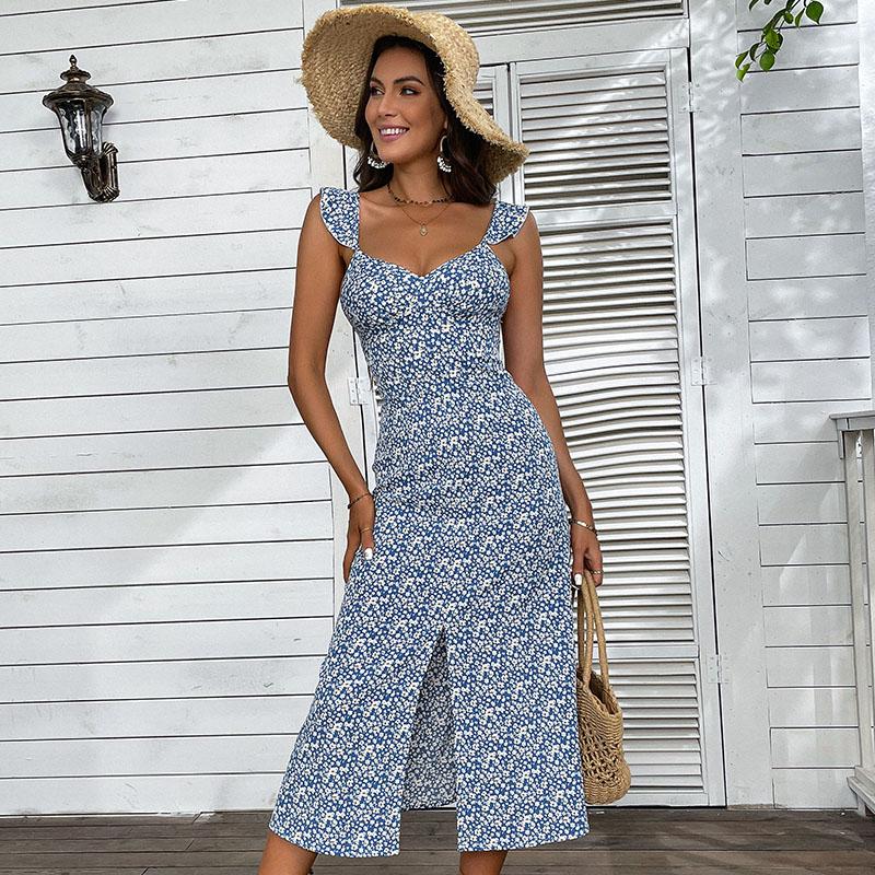 Летнее платье с лямкой на шее, без рукавов, с цветочным разрезом, с высокой талией, на бретельках, макси-синее платье, женское, S-XL