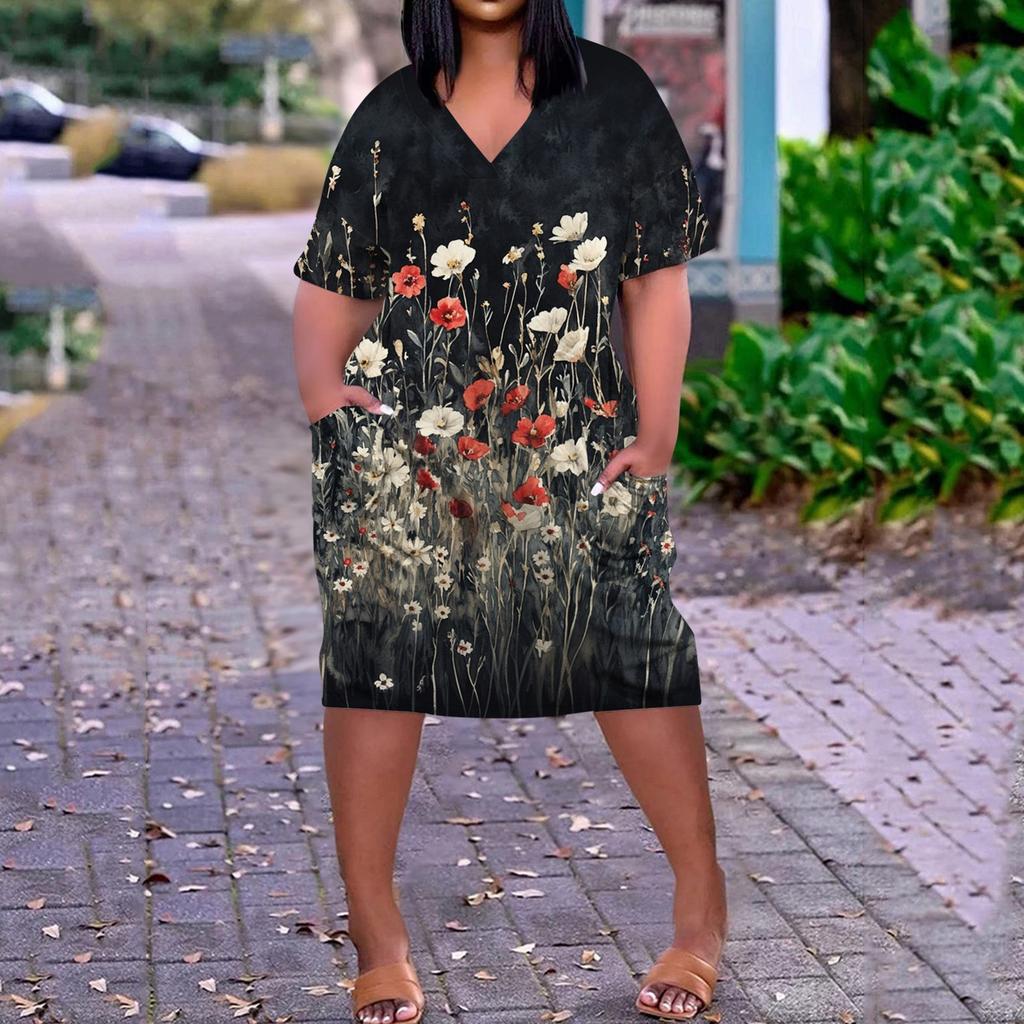 Летнее повседневное платье больших размеров с V-образным вырезом и коротким рукавом, карманом на колене для женщин