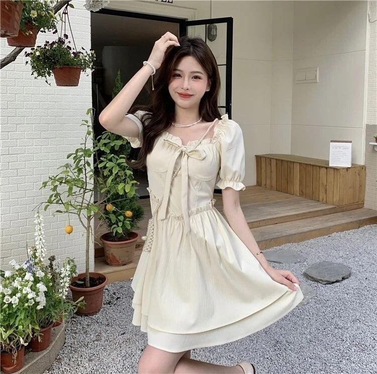 Мини-платья Женские Французский стиль Ярко-сладкие универсальные Эстетические шорты с рукавами High Street Продвинутый хипстерский темперамент Лето Повседневные